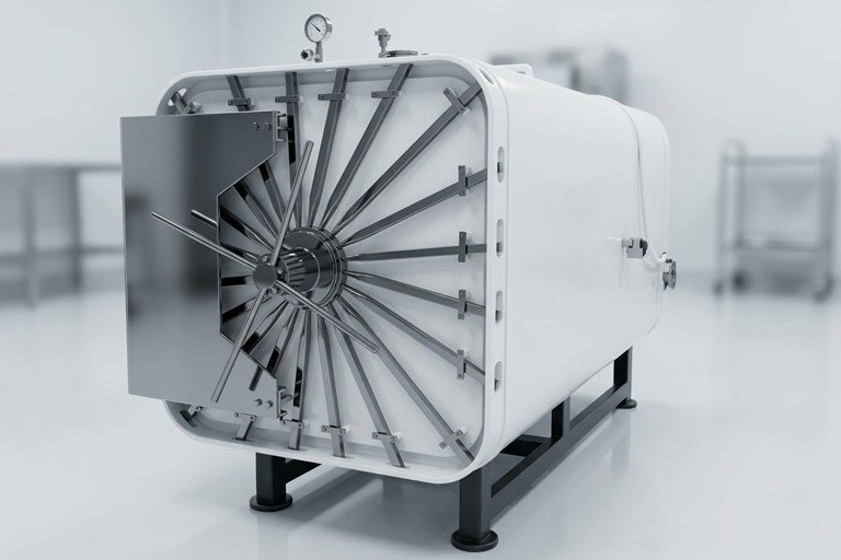 Large industrial sterilization autoclave with a radial locking door, door open in a clean laboratory setting.