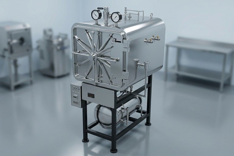 Industrial stainless steel autoclave/sterilizer on a stand with gauges in a clean laboratory.