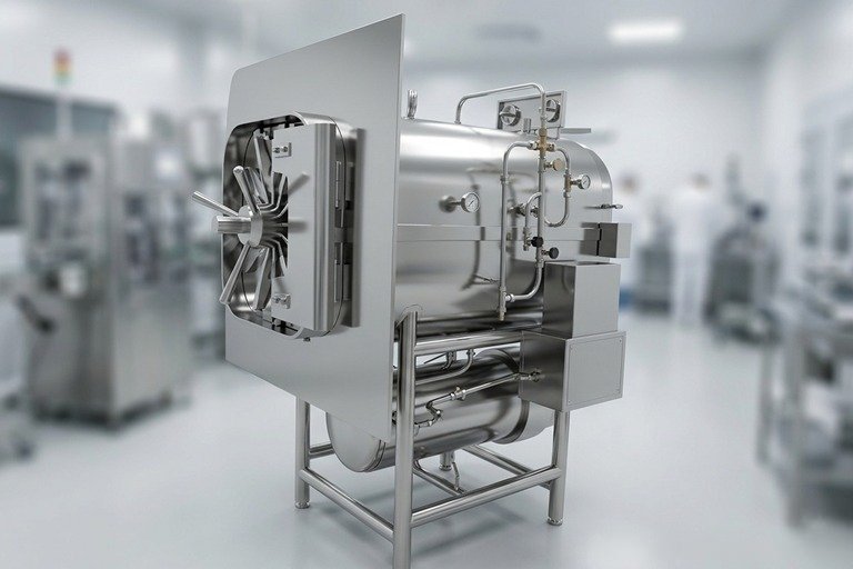 Industrial stainless steel sterilization autoclave in a cleanroom laboratory setting