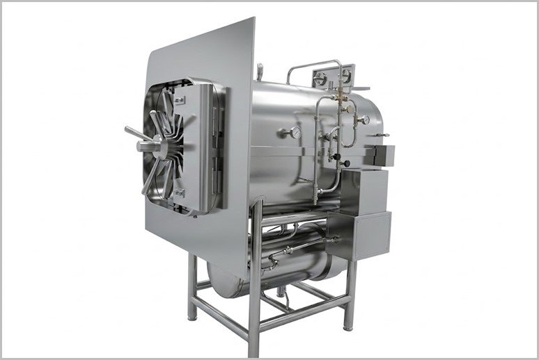 Industrial stainless steel autoclave with front door open, revealing the sterilization chamber inside.