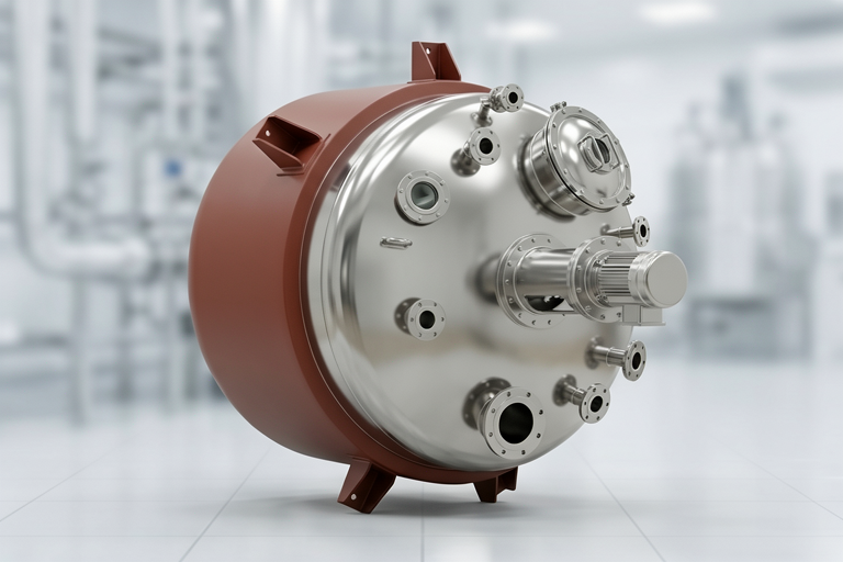 Large cylindrical vacuum/pressure vessel with a brown outer shell and multiple flange ports, shown in a clean laboratory setting.
