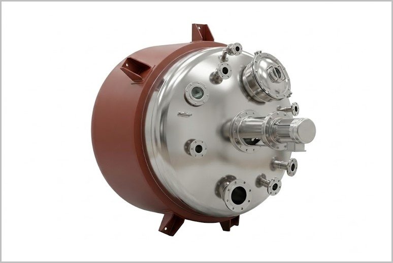 Front view of a brown industrial pressure vessel with multiple stainless ports and a protruding shaft.