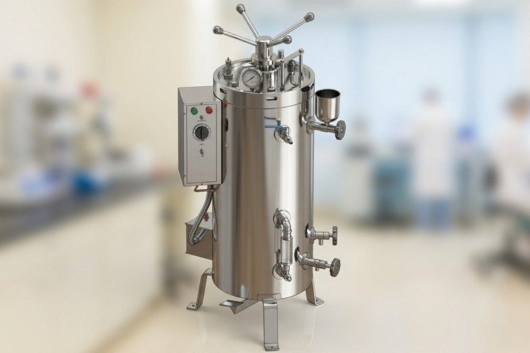 Stainless steel laboratory reactor/fermentation vessel with gauge, valves, and a control box in a clean lab environment