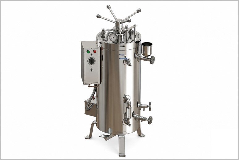 Stainless steel industrial pressure vessel with control panel on the side and multiple valves and gauges attached on top and midsection