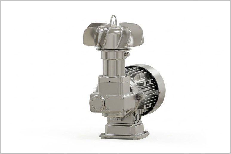 Industrial pump/valve assembly with a large handwheel on top and a side-mounted motor, viewed from the left.