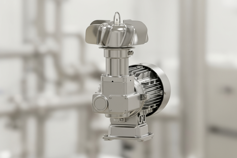 Industrial valve actuator assembly with a silver electric motor and handwheel, mounted in a blurred mechanical room background.