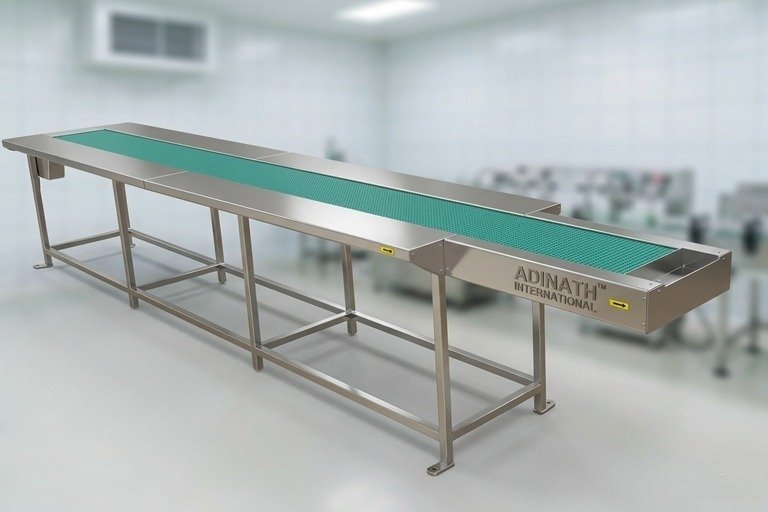 Stainless steel industrial conveyor belt with a teal belt, set in a clean processing area; used to move items along a production line.