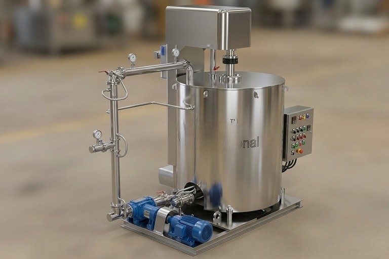 Stainless steel industrial reactor with blue motor pump and control panel mounted on a frame in a factory setting, used for processing liquids.
