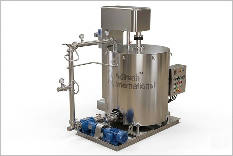 Stainless steel industrial mixing tank with attached control panel and blue motor, labeled Adinath International.