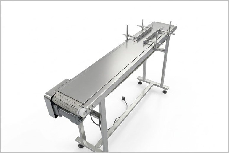 Industrial stainless steel conveyor belt on a wheeled frame for transporting items in a factory setting.