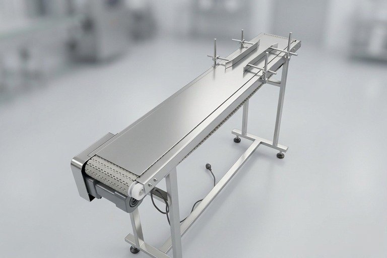 Industrial stainless steel conveyor belt on a wheeled stand in a clean factory or lab.