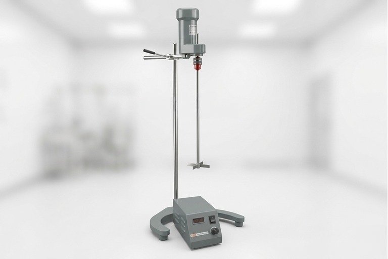 Laboratory overhead stirrer on a base with a vertical rod and clamp in a bright lab room.
