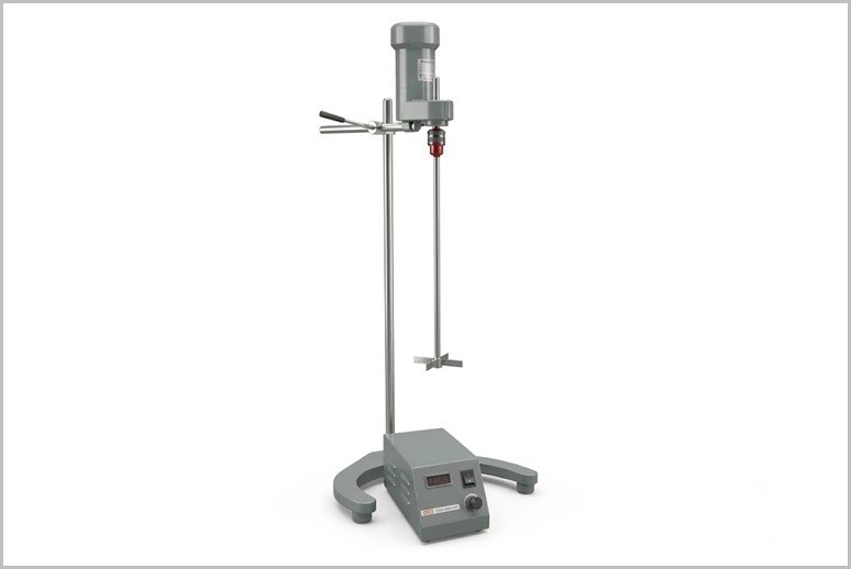 Motorized overhead stirrer on a vertical support stand with a clamp and base plate used in lab mixing setups