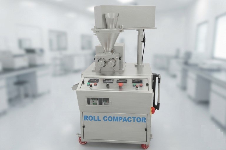 Industrial roll compactor in a clean lab, stainless steel with hopper and control panel; front labeled 'ROLL COMPACTOR'.
