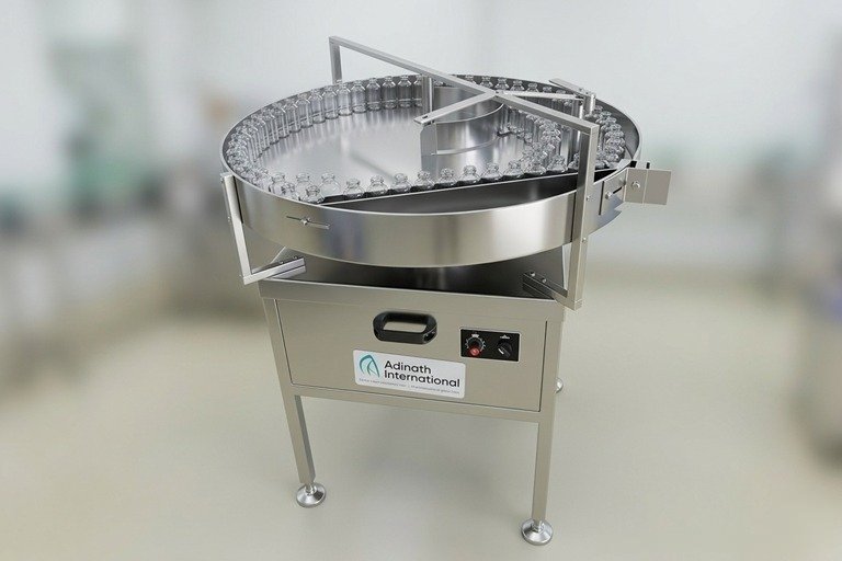 Industrial bottle filling machine with a circular conveyor feeding small glass vials in a stainless steel frame.