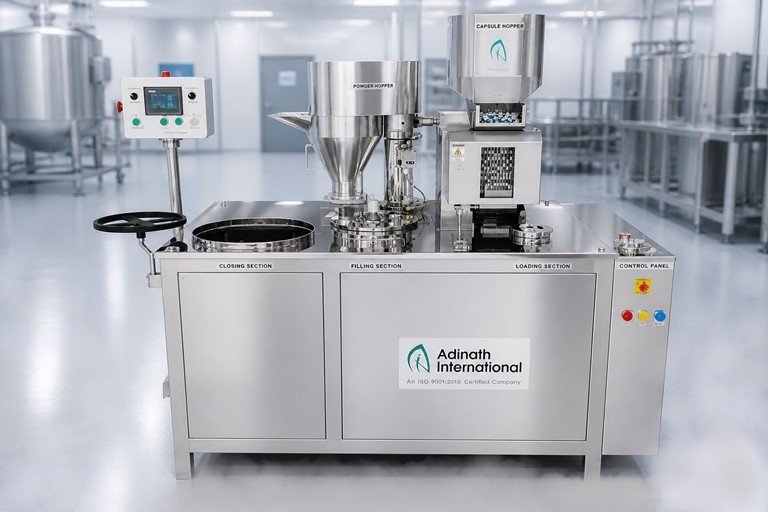 Capsule filling machine in a clean pharmaceutical production area, with hopper, control panel, and Adinath International branding visible.