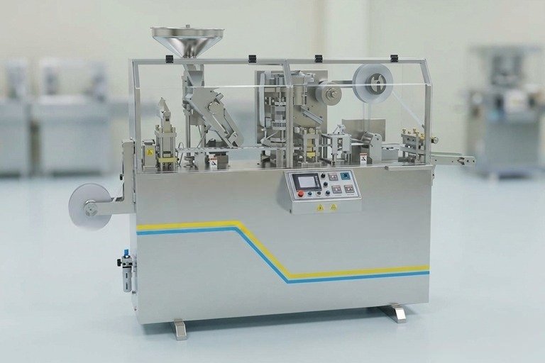 Automatic pouch packaging machine with film roll and control panel inside a safety enclosure on a clean factory floor.