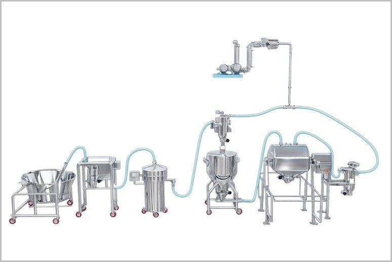 Industrial stainless-steel processing line on wheels connected by blue tubing.