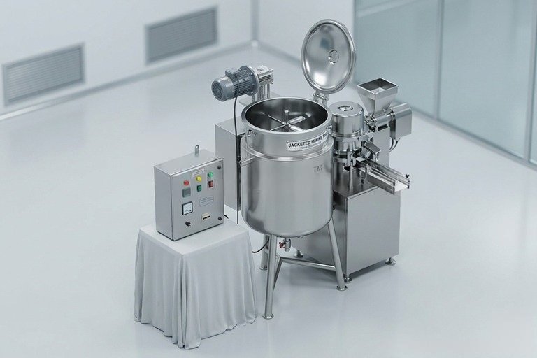 Industrial stainless steel mixing vessel with open lid on legs, connected to a control panel in a clean laboratory setting.