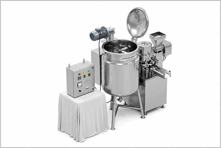 Industrial stainless steel processing mixer with a large drum and attached control panel on a nearby table.