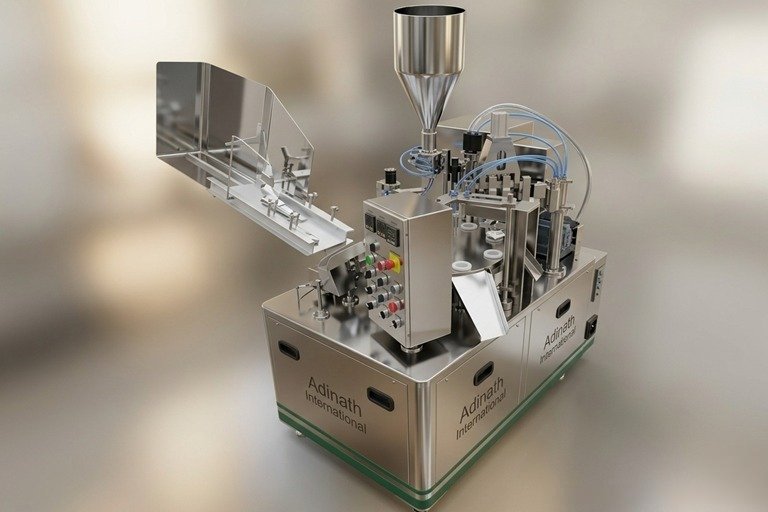 Automated stainless steel liquid filling machine with hopper and tubing, labeled Adinath International, on a factory floor