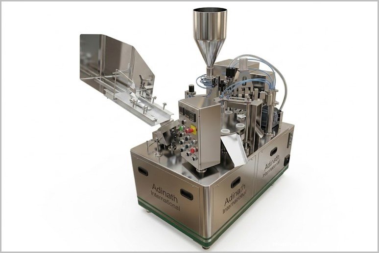 Stainless-steel automated filling and capping machine with hopper and control panel labeled Adinath International-on-white background
