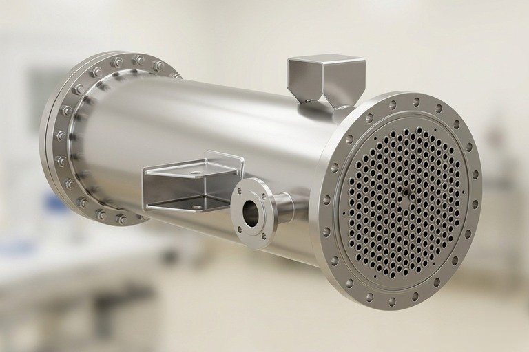 Industrial stainless steel shell-and-tube heat exchanger with flanged ends and perforated end cap, used for fluid heat transfer in processing facilities.